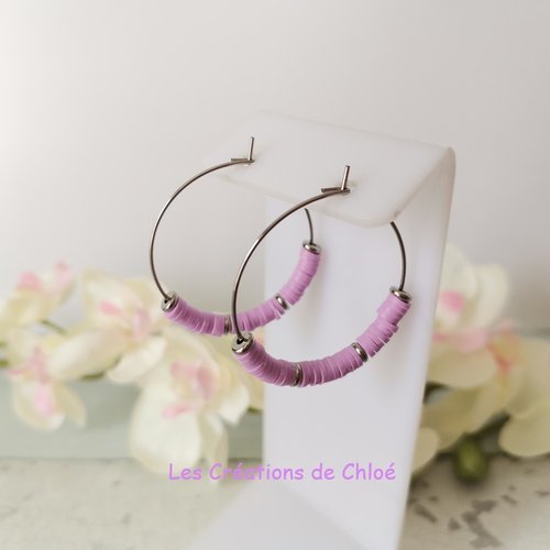 Boucles d'oreilles créoles acier inoxydable et perles heishi