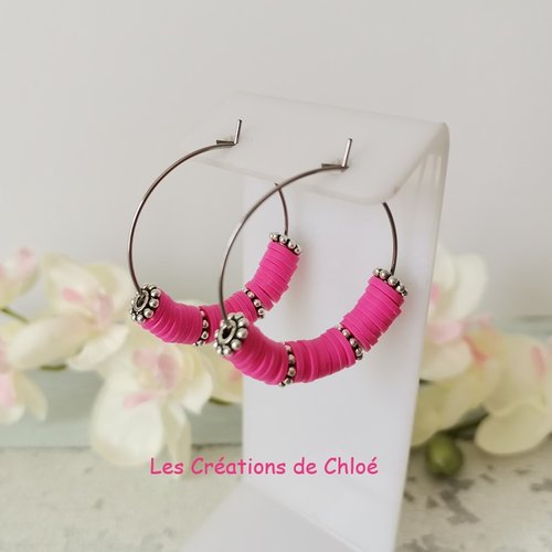 Boucles d'oreilles créoles acier inoxydable et perles heishi