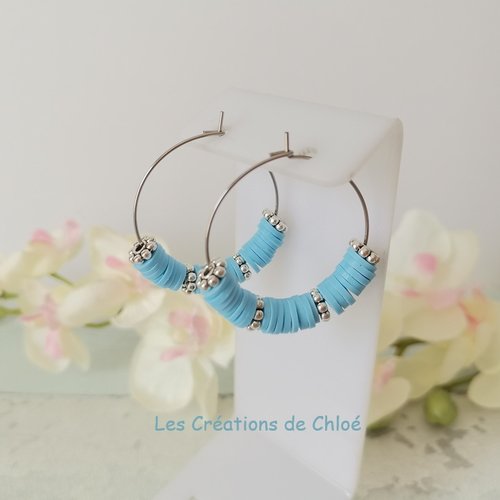 Boucles d'oreilles créoles acier inoxydable et perles heishi