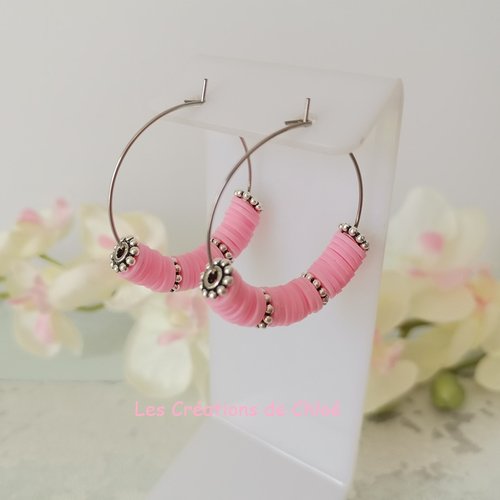 Boucles d'oreilles créoles acier inoxydable et perles heishi