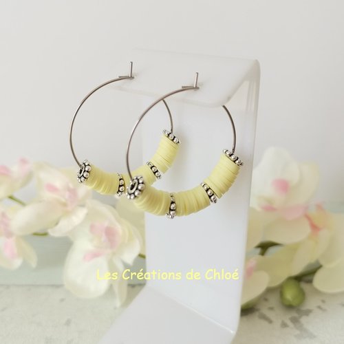 Boucles d'oreilles créoles acier inoxydable et perles heishi