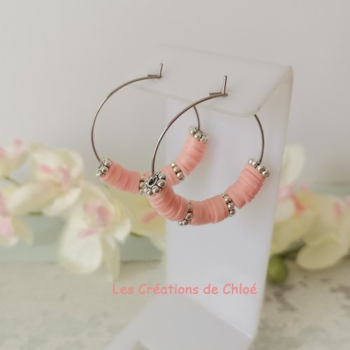 Boucles d'oreilles créoles acier inoxydable et perles heishi