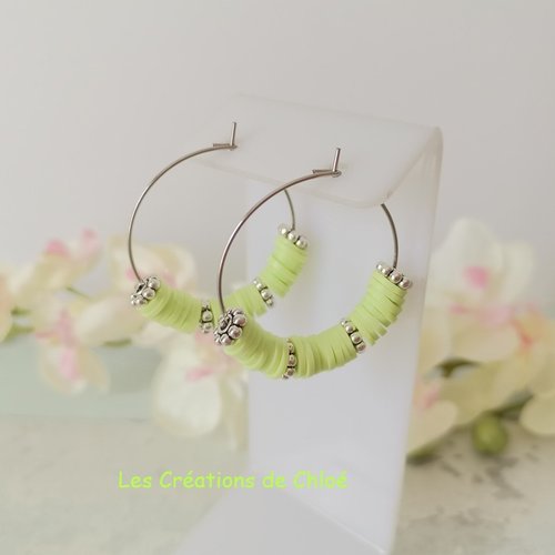 Boucles d'oreilles créoles acier inoxydable et perles heishi