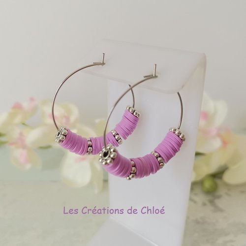 Boucles d'oreilles créoles acier inoxydable et perles heishi