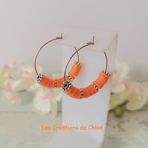 Boucles d'oreilles créoles acier inoxydable et perles heishi