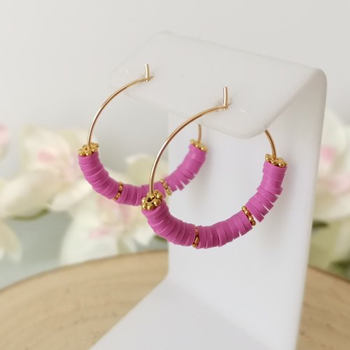 Boucles d'oreilles créoles dorées acier inoxydable et perles heishi