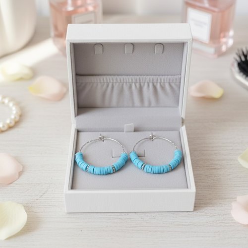 Boucles d'oreilles créoles acier inoxydable ciselé et perles heishi