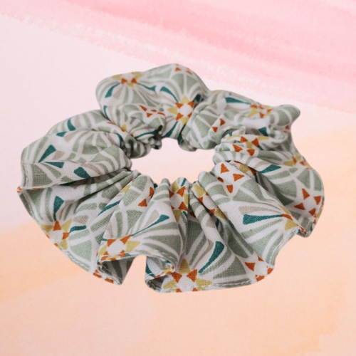 Chouchou coton vert, blanc et orange
