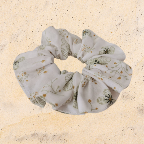 Chouchou coton blanc à fleurs vertes