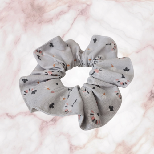 Chouchou coton gris clair à petites fleurs