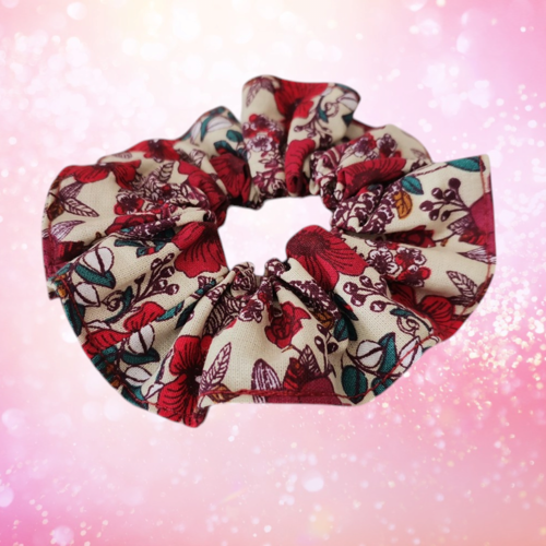 Chouchou coton beige à fleurs rouges