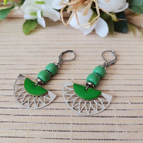 Boucles d'oreilles acier inoxydable et sequin émail vert
