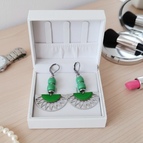 Boucles d'oreilles acier inoxydable et sequin émail vert