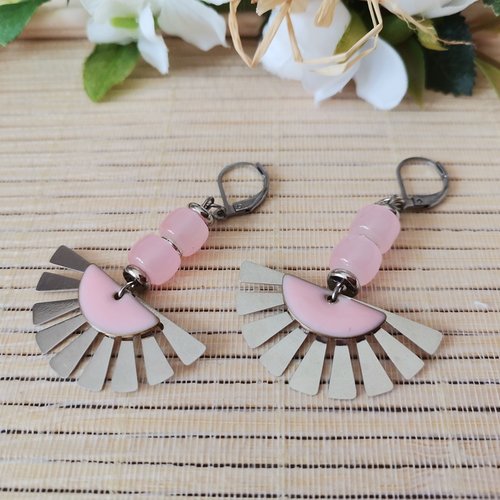 Boucles d'oreilles acier inoxydable et sequin émail rose