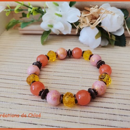 Bracelet fil élastique perles jade rose orangé
