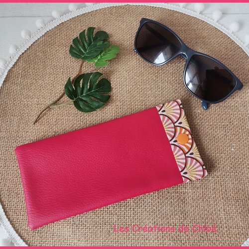 Etui à lunette en simili cuir rouge et tissus formes géométriques