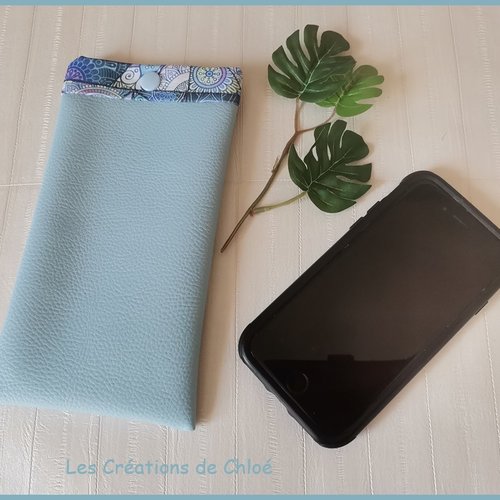 Etui simili cuir bleu et coton pour téléphone portable