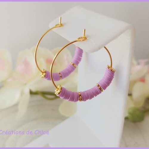 Boucles d'oreilles créoles dorées acier inoxydable et perles heishi