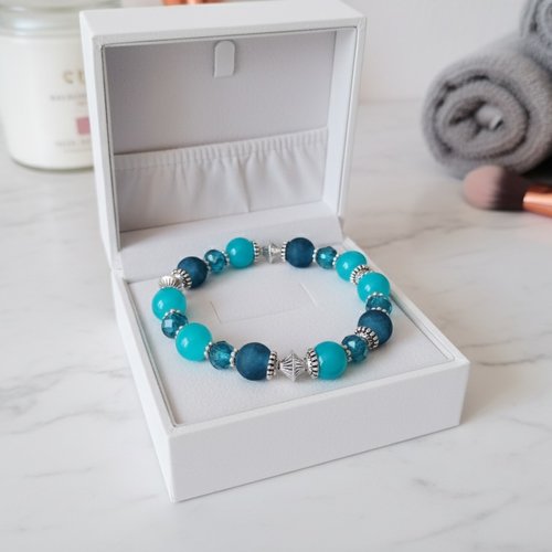 Bracelet fil élastique perles en verre bleu et turquoise
