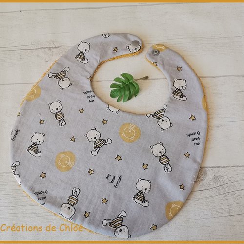 Bavoir bébé coton gris et motif animaux