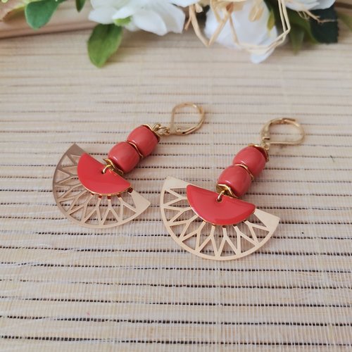 Boucles d'oreilles acier inoxydable et sequin émail corail