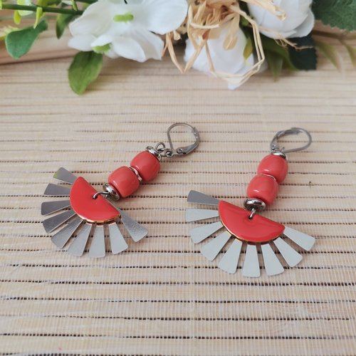 Boucles d'oreilles acier inoxydable et sequin émail corail