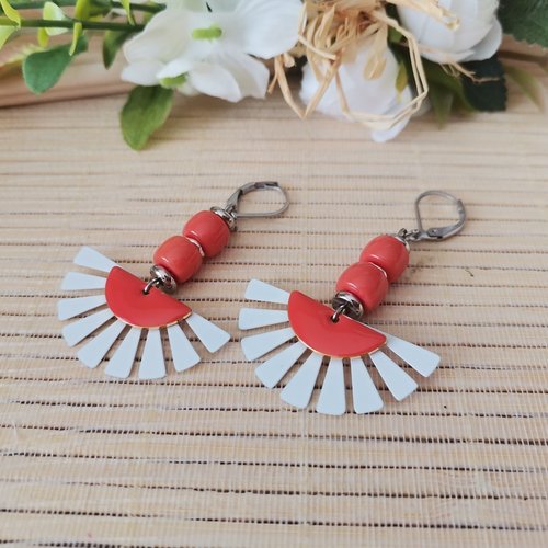 Boucles d'oreilles acier inoxydable et sequin émail corail