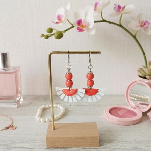 Boucles d'oreilles acier inoxydable et sequin émail corail