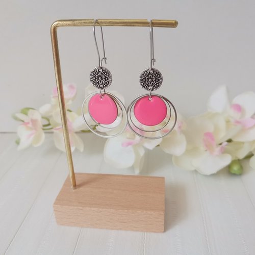Boucles d'oreilles acier inoxydable anneaux et sequin émail