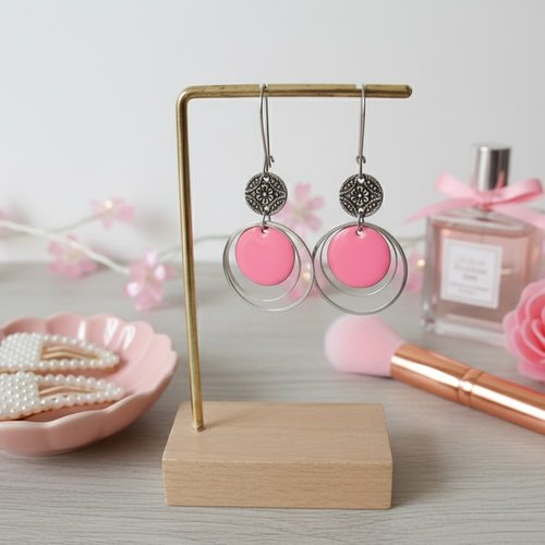 Boucles d'oreilles acier inoxydable anneaux et sequin émail