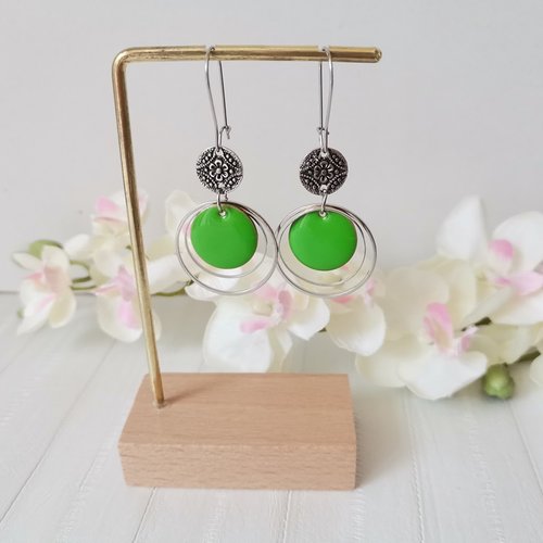 Boucles d'oreilles acier inoxydable anneaux et sequin émail