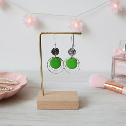 Boucles d'oreilles acier inoxydable anneaux et sequin émail