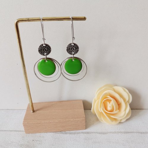 Boucles d'oreilles acier inoxydable anneaux et sequin émail