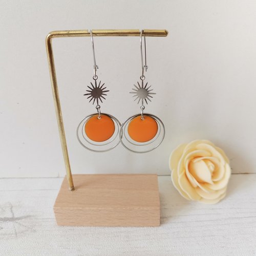 Boucles d'oreilles acier inoxydable anneaux et sequin émail