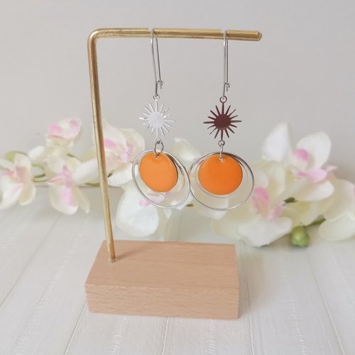 Boucles d'oreilles acier inoxydable anneaux et sequin émail