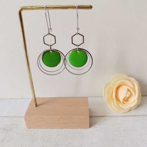 Boucles d'oreilles acier inoxydable anneaux et sequin émail