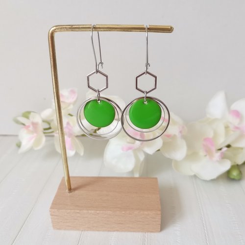 Boucles d'oreilles acier inoxydable anneaux et sequin émail