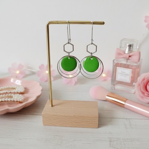 Boucles d'oreilles acier inoxydable anneaux et sequin émail
