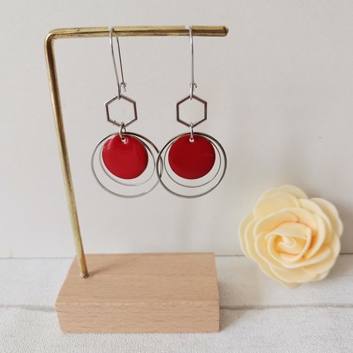 Boucles d'oreilles acier inoxydable anneaux et sequin émail