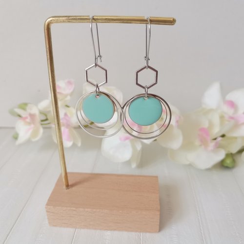 Boucles d'oreilles acier inoxydable anneaux et sequin émail