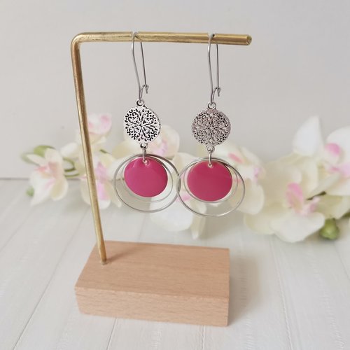 Boucles d'oreilles acier inoxydable anneaux et sequin émail