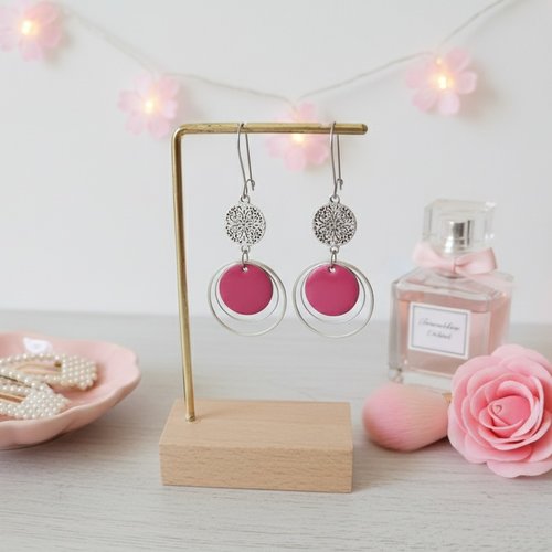 Boucles d'oreilles acier inoxydable anneaux et sequin émail