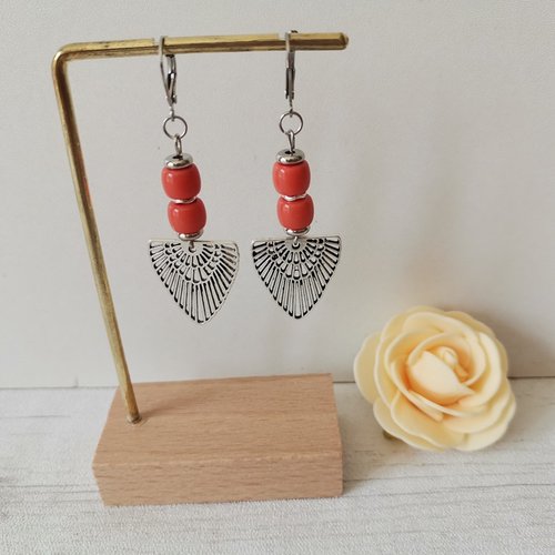 Boucles d'oreilles acier inoxydable, pendentif ail et perles colonnes