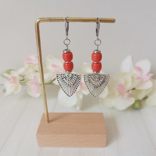 Boucles d'oreilles acier inoxydable, pendentif ail et perles colonnes