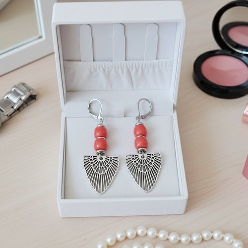 Boucles d'oreilles acier inoxydable, pendentif ail et perles colonnes