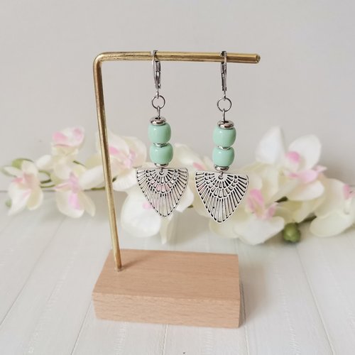 Boucles d'oreilles acier inoxydable, pendentif ail et perles colonnes