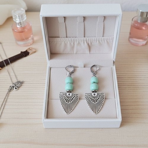 Boucles d'oreilles acier inoxydable, pendentif ail et perles colonnes