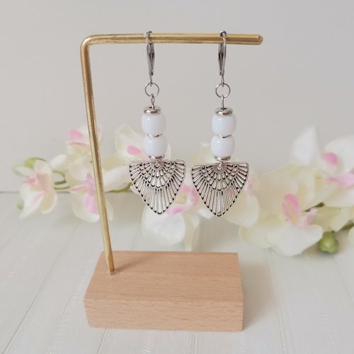 Boucles d'oreilles acier inoxydable, pendentif ail et perles colonnes