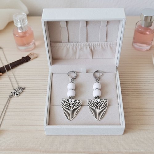 Boucles d'oreilles acier inoxydable, pendentif ail et perles colonnes