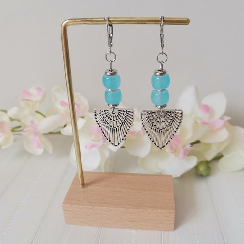 Boucles d'oreilles acier inoxydable, pendentif ail et perles colonnes